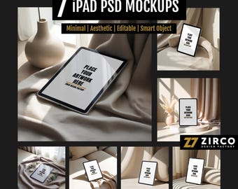 May include: An image showcasing seven iPad PSD mockups. The text on the image reads "Place Your Artwork Here". The mockups are presented in a minimalist and aesthetic style, with the text "Minimal | Aesthetic | Editable | Smart Object". The image also includes the text "Perfect for creatives, designers, and business owners."