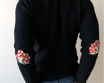 Mens merino wool sweater with embroidered mushroom elbow patches