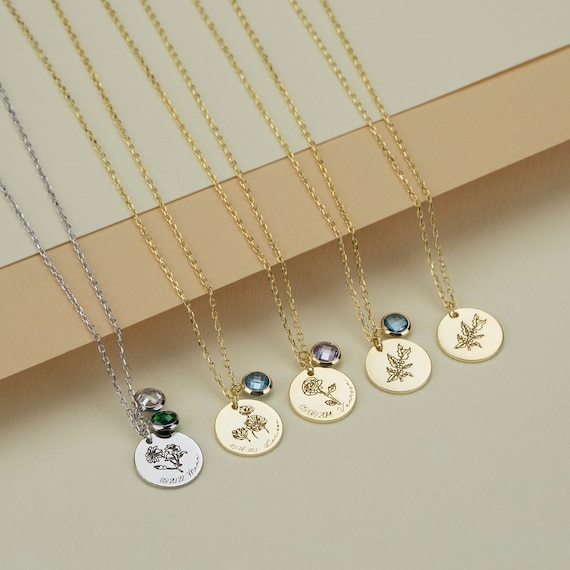 Circle Disc Pendant with Birth Flower and Birthstone Circle Disc Pendant with Birth Flower and Birthstone