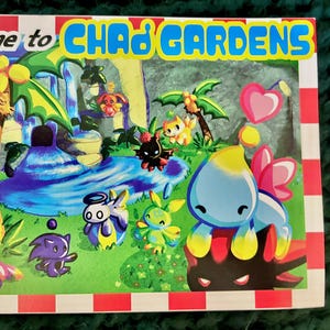 May include: A colorful illustration with the text "Welcome to Chad Gardens." The image features cartoon characters in a tropical setting with palm trees, waterfalls, and a heart. The border is red and white.