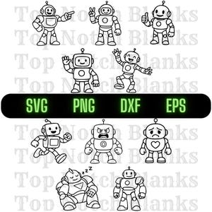 Könnte beinhalten: Eine Sammlung von Schwarz-Weiß-Illustrationen von Robotern in verschiedenen Posen, wie Zeigen, Friedenszeichen und Winken. Das Bild enthält auch den Text "SVG PNG DXF EPS" in grüner Schrift.