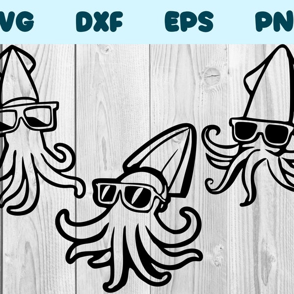 Squid With Glasses Svg Squid With Sunglasses Png Squid Wearing Glasses Clipart Squid Vector Bundle Pack Commercial Use