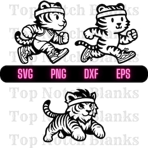 May include: Black and white digital clipart of three running tigers wearing headbands. The tigers are in various running poses.
