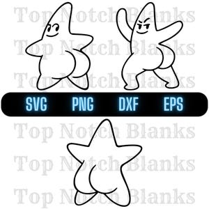 May include: Black and white line art of three starfish characters in various poses. The starfish have cartoon faces and are in different stances. The image includes the text "SVG PNG DXF EPS" in a black rectangle.