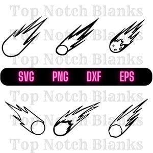 May include: A set of six black and white vector illustrations of shooting stars or comets. The illustrations are in a simple, minimalist style.