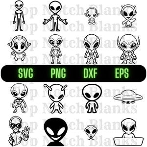 Könnte beinhalten: Schwarz-Weiß-Illustrationen verschiedener Alien-Charaktere in unterschiedlichen Posen. Das Bild enthält den Text "SVG PNG DXF EPS" in einem grünen Rechteck, der Dateiformate angibt.