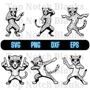 Könnte beinhalten: Schwarz-Weiß-Illustrationen von Leoparden mit Sonnenbrillen in verschiedenen Posen. Das Bild enthält den Text "SVG PNG DXF EPS" in einem schwarzen Rechteck.