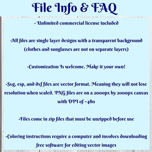 Peut inclure: Informations sur les fichiers et FAQ. Le texte indique que tous les fichiers sont des conceptions monocouches avec un arri&egrave;re-plan transparent, que la personnalisation est la bienvenue, que les fichiers SVG, ESP et DXF sont au format vectoriel, que les fichiers PNG sont sur une toile de 2000px par 2000px avec un DPI d'environ 480, que les fichiers sont fournis dans des fichiers zip qui doivent &ecirc;tre d&eacute;compress&eacute;s avant utilisation, et que les instructions de coloration n&eacute;cessitent un ordinateur et impliquent le t&eacute;l&eacute;chargement de logiciels gratuits pour l'&eacute;dition d'images vectorielles.