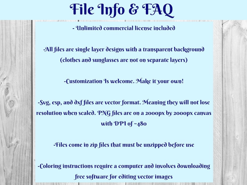Peut inclure: Informations sur les fichiers et FAQ. Le texte indique que tous les fichiers sont des conceptions monocouches avec un arri&egrave;re-plan transparent, que la personnalisation est la bienvenue, que les fichiers SVG, ESP et DXF sont au format vectoriel, que les fichiers PNG sont sur une toile de 2000px par 2000px avec un DPI d'environ 480, que les fichiers sont fournis dans des fichiers zip qui doivent &ecirc;tre d&eacute;compress&eacute;s avant utilisation, et que les instructions de coloration n&eacute;cessitent un ordinateur et impliquent le t&eacute;l&eacute;chargement de logiciels gratuits pour l'&eacute;dition d'images vectorielles.