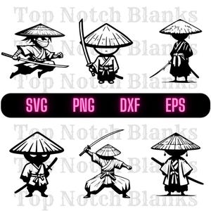 Puede incluir: Ilustraciones en blanco y negro de figuras de ninja estilizadas que llevan sombreros cónicos y empuñan espadas. La imagen incluye el texto "SVG PNG DXX EPS" en una barra negra con texto rosa, y las palabras "Top Notch Blanks" repetidas.