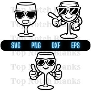 May include: A black and white line art illustration of a wine glass wearing sunglasses. The wine glass has arms and is giving a thumbs up with both hands.