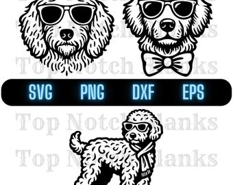 May include: Black and white line art of a dog wearing sunglasses, with three different poses. The top two images are of the dog's head, one with a bow tie. The bottom image is of a full dog wearing a scarf. The image includes the text "SVG PNG DXF EPS".