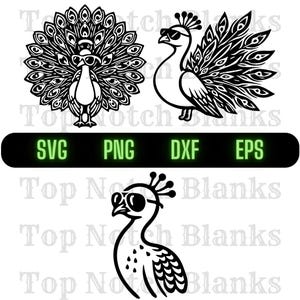 May include: A black and white digital design of a peacock wearing sunglasses. The peacock has a large, elaborate tail with many feathers. The design is perfect for use in crafting projects, such as vinyl decals, t-shirts, and mugs.
