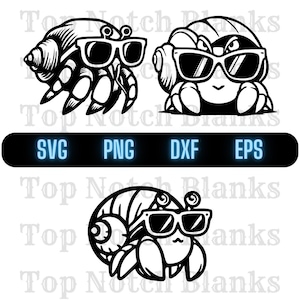 May include: Two black and white illustrations of a hermit crab wearing sunglasses. The hermit crab is in a shell and has claws. The first illustration shows the hermit crab facing forward. The second illustration shows the hermit crab facing to the right.