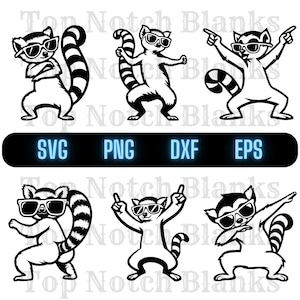 May include: Black and white graphic of six lemurs wearing sunglasses in various poses. The lemurs have striped tails and are dancing, pointing, and dabbing. Below the lemurs is a black rectangle with the text "SVG PNG DXF EPS" in blue.