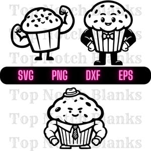 Op de afbeelding: Zwart-wit cartoon illustraties van cupcakes met verschillende ontwerpen. Eén cupcake buigt zijn arm, een ander draagt een smoking en de derde draagt een hoed en stropdas. De afbeelding bevat de tekst "SVG PNG DXX EPS".
