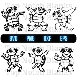May include: Black and white graphic of six turtles wearing sunglasses in various poses. The image includes the text "SVG PNG DXF EPS" in a black rectangle. The turtles are dancing and giving a thumbs up.