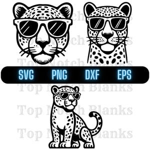 May include: Black and white digital illustration of a leopard wearing sunglasses. The leopard is shown in three different poses: one with its head facing forward, one with its head facing to the side, and one sitting down with its tail curled around its legs.