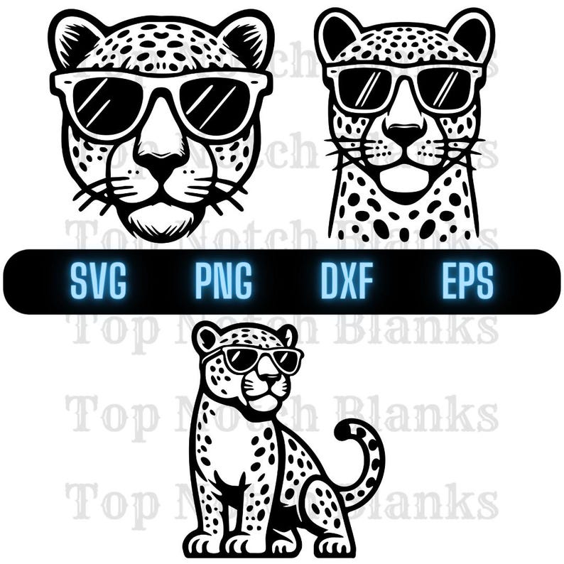 May include: Black and white digital illustration of a leopard wearing sunglasses. The leopard is shown in three different poses: one with its head facing forward, one with its head facing to the side, and one sitting down with its tail curled around its legs.