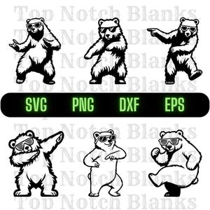 Peut inclure: Illustrations en noir et blanc d'ours dansant portant des lunettes de soleil. Le texte "SVG", "PNG", "DXF" et "EPS" en vert est inclus. La phrase "Top Notch Blanks" est répétée en arrière-plan.