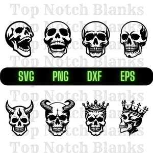 May include: A collection of black and white skull designs, including skulls with open mouths, horns, and crowns. The image also features the text "SVG PNG DXF EPS" in green on a black background. The skulls are a spooky, gothic theme.