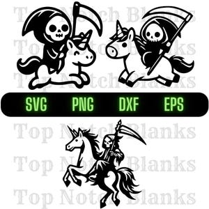 May include: Black and white digital design featuring a Grim Reaper riding a unicorn. The Grim Reaper is holding a scythe and has a skull face. The unicorn has a horn and a mane.