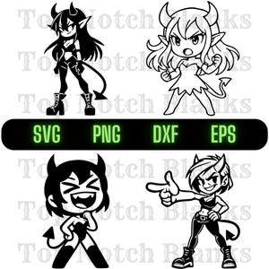 May include: Black and white cartoon illustrations of devil characters. The image includes four different poses of the devil characters, each with horns and a tail. The image also includes the text "SVG PNG DXF EPS" in a green rectangle.