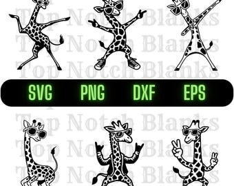 Pode incluir: Ilustrações a preto e branco de girafas em várias poses, usando óculos de sol. A imagem inclui o texto "SVG PNG DXF EPS" em verde, e as palavras "Top Notch Blanks" são repetidas.