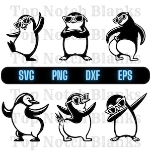 May include: A black and white graphic featuring six penguins, each sporting sunglasses and striking different poses. The image includes the text "SVG PNG DXF EPS". The penguins are depicted in various playful stances.