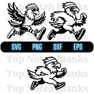 May include: Black and white vector illustration of a running eagle wearing a headband and sunglasses. The eagle is running to the right and has its wings spread out. The eagle is wearing sneakers.
