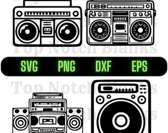 May include: Three black and white illustrations of vintage cassette players. The first is a boombox with a cassette player, a radio dial, and two speakers. The second is a smaller cassette player with a radio dial and two speakers. The third is a turntable with a record player and a cassette player.
