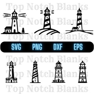 May include: Set of six black and white lighthouse illustrations. The lighthouses are in various styles, some with a small building at the base, some with a rocky shore, and some with a grassy hill. The illustrations are perfect for use in crafting projects, scrapbooking, or digital design.