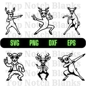 May include: Black and white vector graphics of deer in various poses, wearing sunglasses. The deer are depicted in a dancing or gesturing style. The image includes the text "SVG PNG DXF EPS".