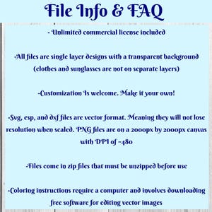 May include: A light blue graphic with the text "File Info & FAQ" in a decorative font. The text provides information about the included commercial license, file formats (SVG, ESP, DXF, PNG), and customization options. The image is set against a light blue background.