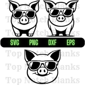 May include: A black and white illustration of a pig wearing sunglasses. The pig is looking straight ahead with a happy expression. The pig is wearing a pair of sunglasses with a thick black frame.