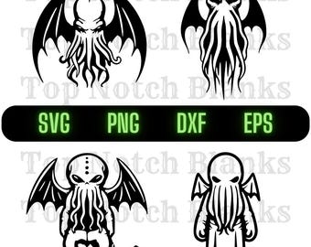 May include: Four black and white digital illustrations of a Cthulhu-like creature with tentacles. The creature is depicted in different poses, including with wings, standing, and sitting. The illustrations are suitable for use in digital projects, such as website design, social media graphics, and print-on-demand products.