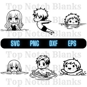 Personaggio di nuoto SVG Ragazza che nuota PNG Ragazzo che nuota Clipart Chibi Nuotatore Pacchetto vettoriale Uso commerciale