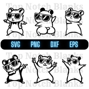 May include: Black and white graphic of six hamsters wearing sunglasses in various poses. The hamsters are in different stances, some with arms outstretched, and one with a peace sign. The image includes the text "SVG PNG DXF EPS".