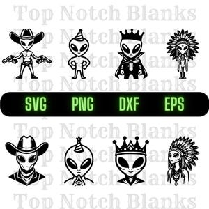 May include: Set of four black and white SVG cut files featuring an alien wearing a cowboy hat, an alien wearing a party hat, an alien wearing a crown, and an alien wearing a Native American headdress.