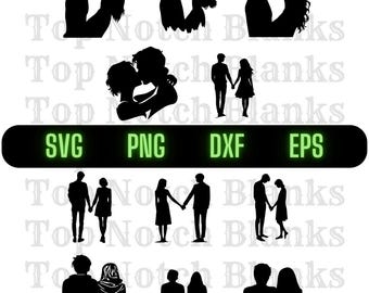 May include: A set of eight black silhouette SVG cut files featuring couples in various poses. The files are perfect for creating custom projects like t-shirts, mugs, and home decor.