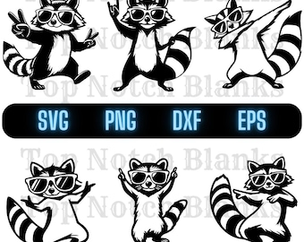 Paquete de imágenes prediseñadas SVG PNG de mapache bailando con gafas de sol (uso comercial)