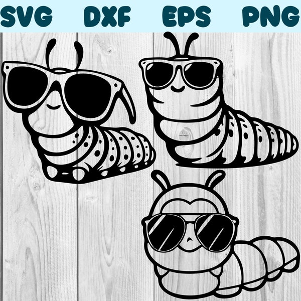 Raupe mit Sonnenbrille SVG Raupe mit Brille Png Raupe mit Brille Clipart Wurm Vektor-Bundle-Pack Kommerzielle Nutzung