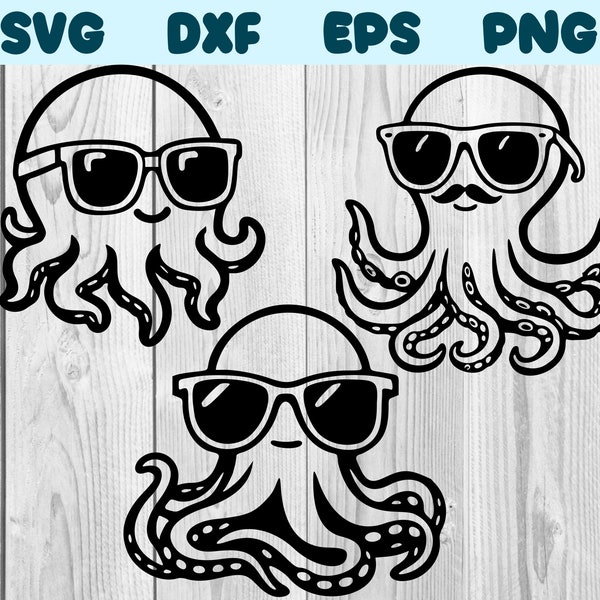 Octopus with Sunglasses Svg Octopus With Glasses Png Sunglasses Octopus Clipart Octopus Vector Bundle Pack Commercial Use