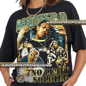 May include: Black t-shirt with a vintage-style graphic print featuring a group of men and the text "Master P No Limit Soldier".