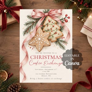 May include: A Christmas cookie exchange invitation card featuring a star-shaped cookie with white icing and a tree-shaped cookie with red berries. A pink ribbon and pine branches decorate the top. Text includes: You're invited to a Christmas Cookie Exchange.