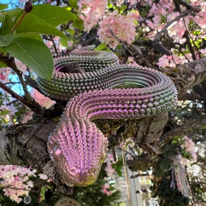May include: A detailed sculpture of a snake, with a textured, iridescent body in shades of green, purple, and pink. The snake is coiled on a tree branch, surrounded by pink blossoms and green leaves, creating a vibrant, natural scene.