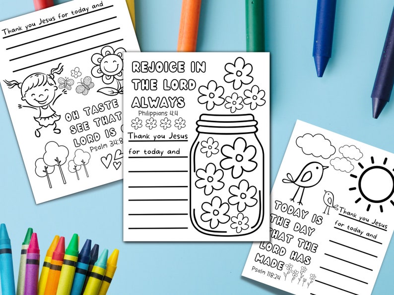May include: Black and white coloring pages with Christian themes. The pages feature illustrations of a girl, flowers, a jar, a bird, and the sun. The pages include Bible verses and the text "Thank you Jesus for today and".