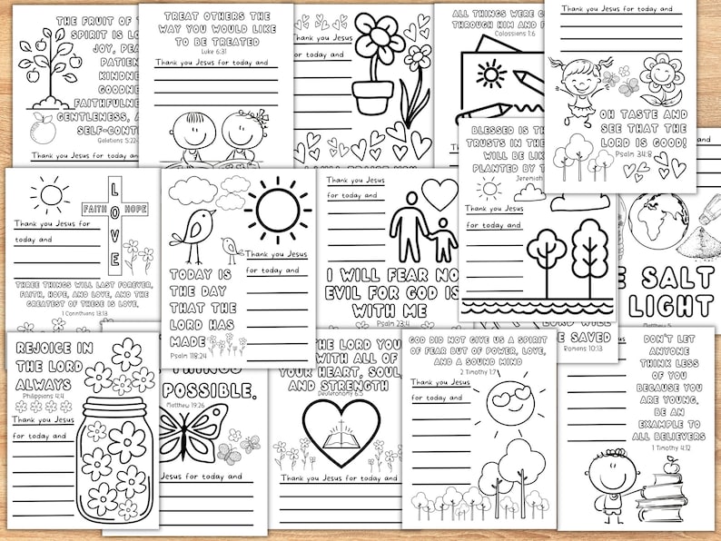May include: Black and white coloring pages with bible verses and inspirational quotes. The pages feature images of flowers, hearts, butterflies, birds, and other nature-themed illustrations. The text includes verses from the Bible, such as "The fruit of the Spirit is love, joy, peace, patience, kindness, goodness, faithfulness, gentleness, self-control." and "Treat others the way you would like to be treated."