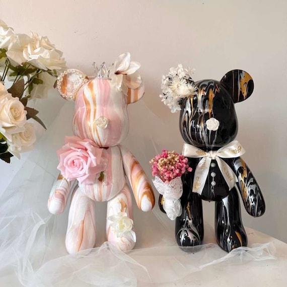 Handmade Fluid Bear Figurine Set, Artificial Flower Wedding Fluid Bear  Figurine, Unique home deco, BLACK PINK