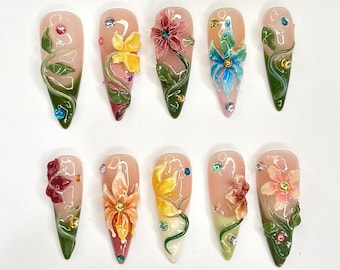 3D Tropical Flower Fairy Press On Nails | Colorful Floral & Green Vine Art | Whimsical Stiletto Design | Summer Festival Wedding | JB394DG